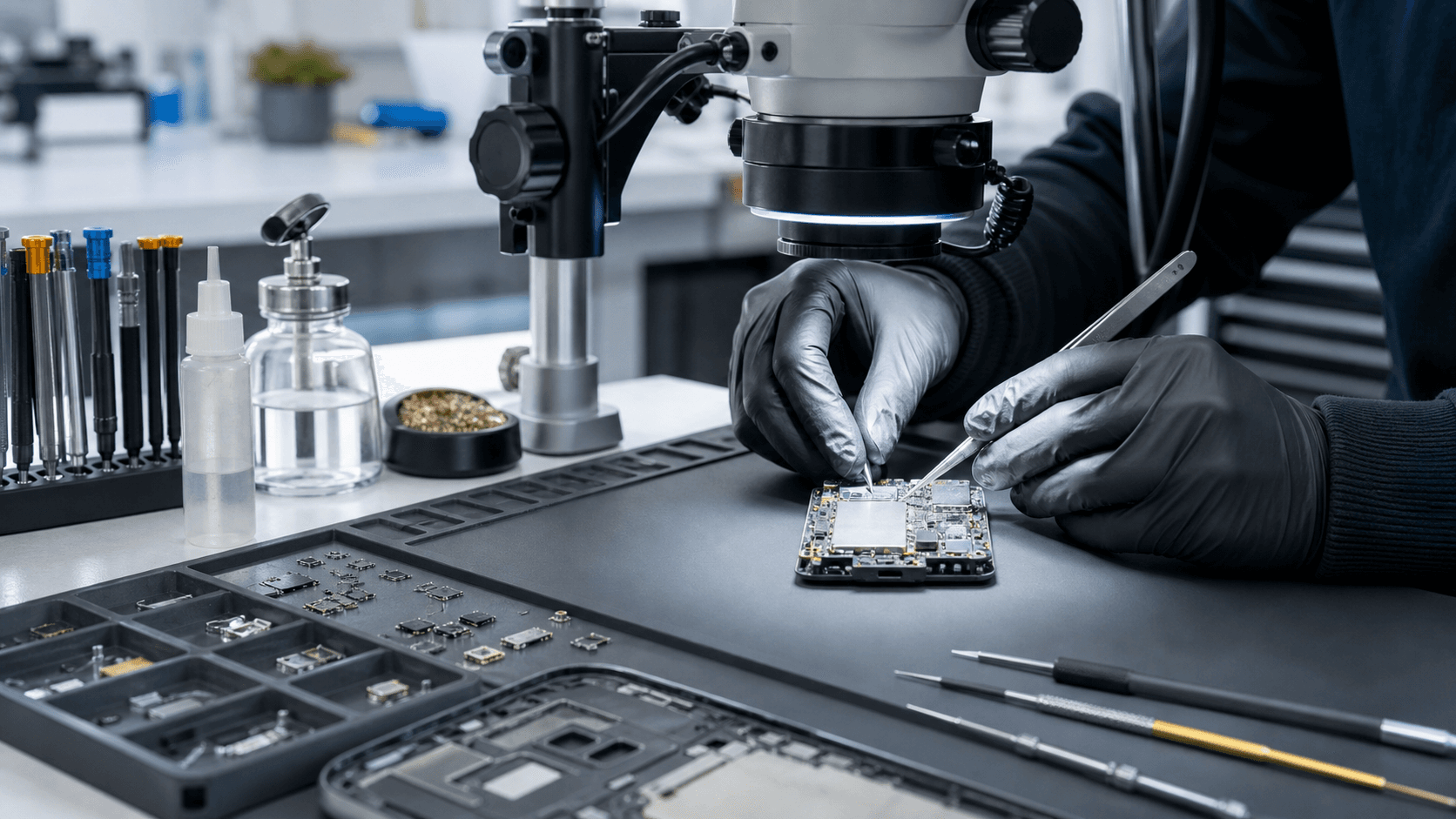 MacBook — Logic board microsolderen onder microscoop